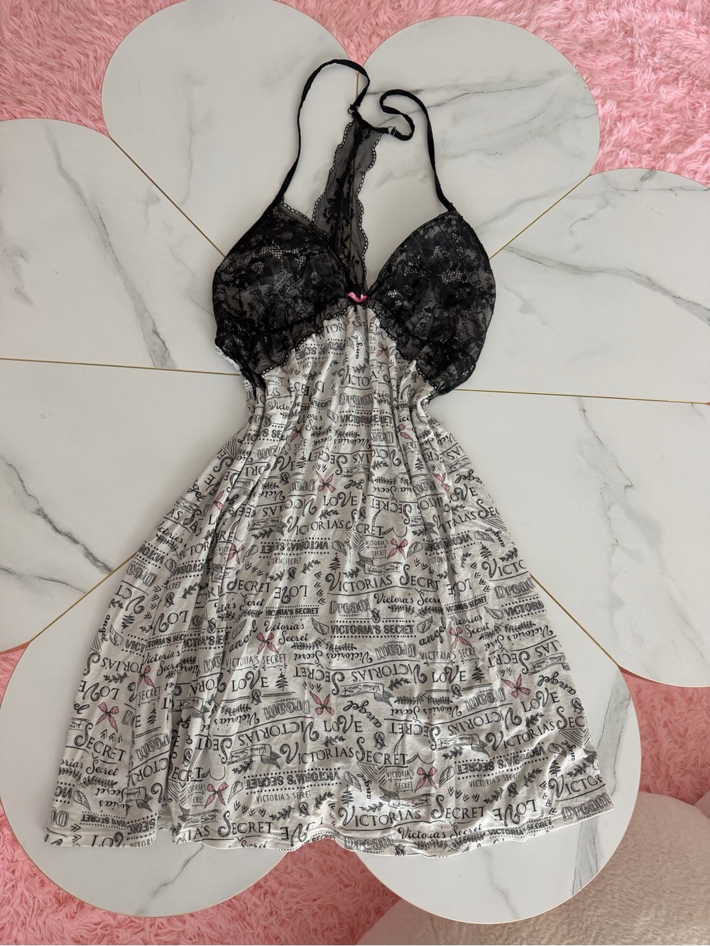 Victoria's Secret Black Lace Halter slip dress with White Logo Print